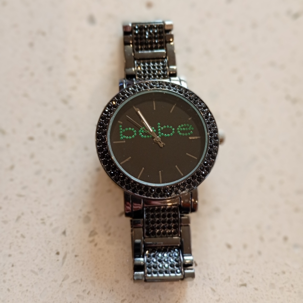 🩷Bebe Black Chrome Watch with Green + Black Rhinestone Accents